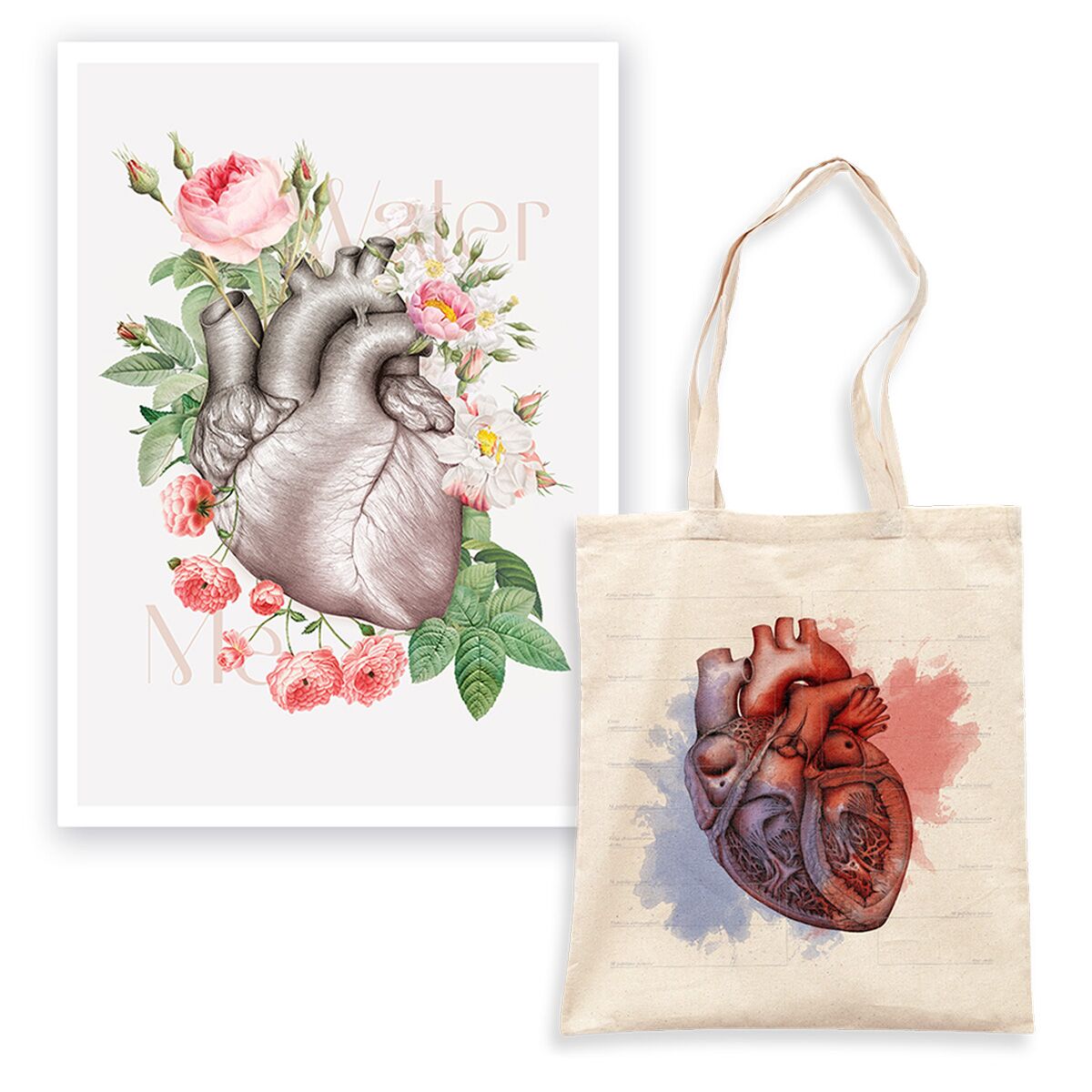 Walentynkowy Komplet - Plakat Anatomiczny Serce w Kwiatach, Torba Anatomiczna Serce