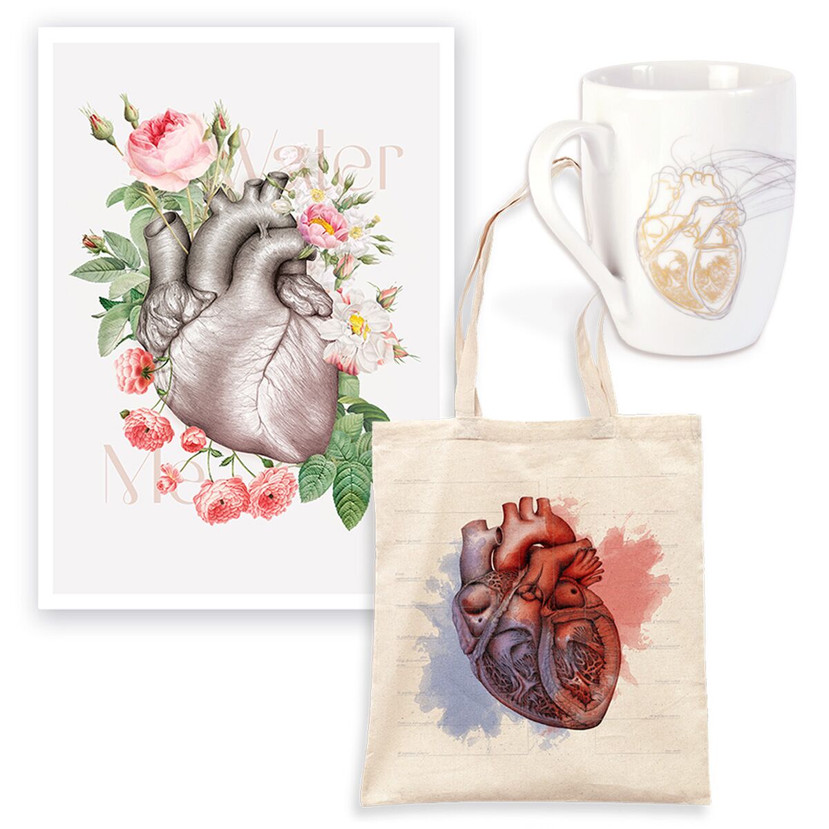 Walentynkowy Komplet - Plakat Anatomiczny Serce w Kwiatach, Torba Anatomiczna Serce i Kubek